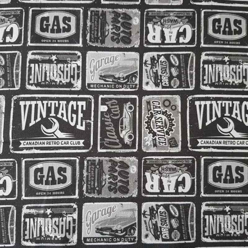 Car, Gas, Black Gray Retro Car Signs Fabric