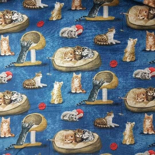 Cat Fabric Playful Cats on Blue, Brown or Red Background