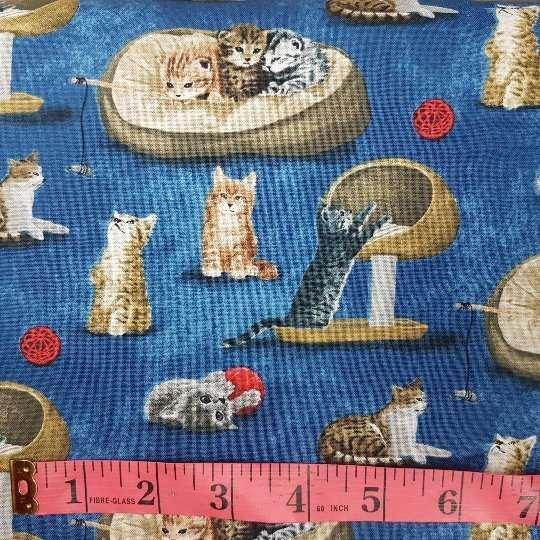 Cat Fabric Playful Cats on Blue, Brown or Red Background