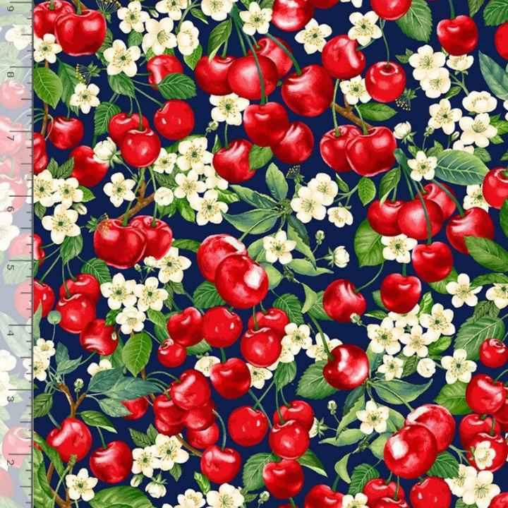 Cherry Fabric, Packed Cherries and Flowers