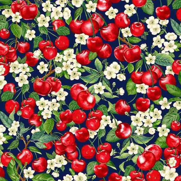 Cherry Fabric, Packed Cherries and Flowers