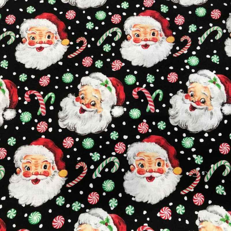 Christmas Fabric, Jolly Santa on Black