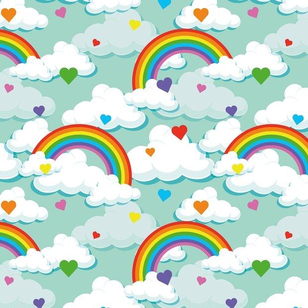 Clouds, Rainbows and Hearts on Light Green Background