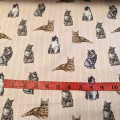 Colorful Cats on Striped Pink FLANNEL Fabric