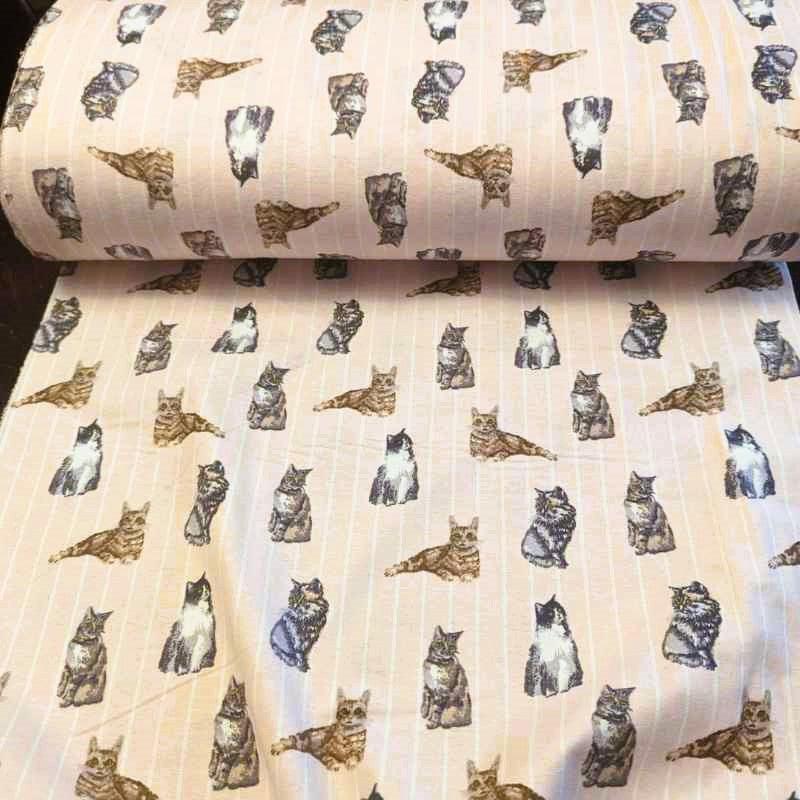 Colorful Cats on Striped Pink FLANNEL Fabric
