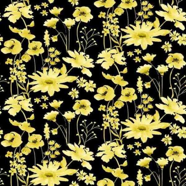 Daisy Black Yellow Quilting Cotton Fabric Misty Morning - Fabric Design Treasures