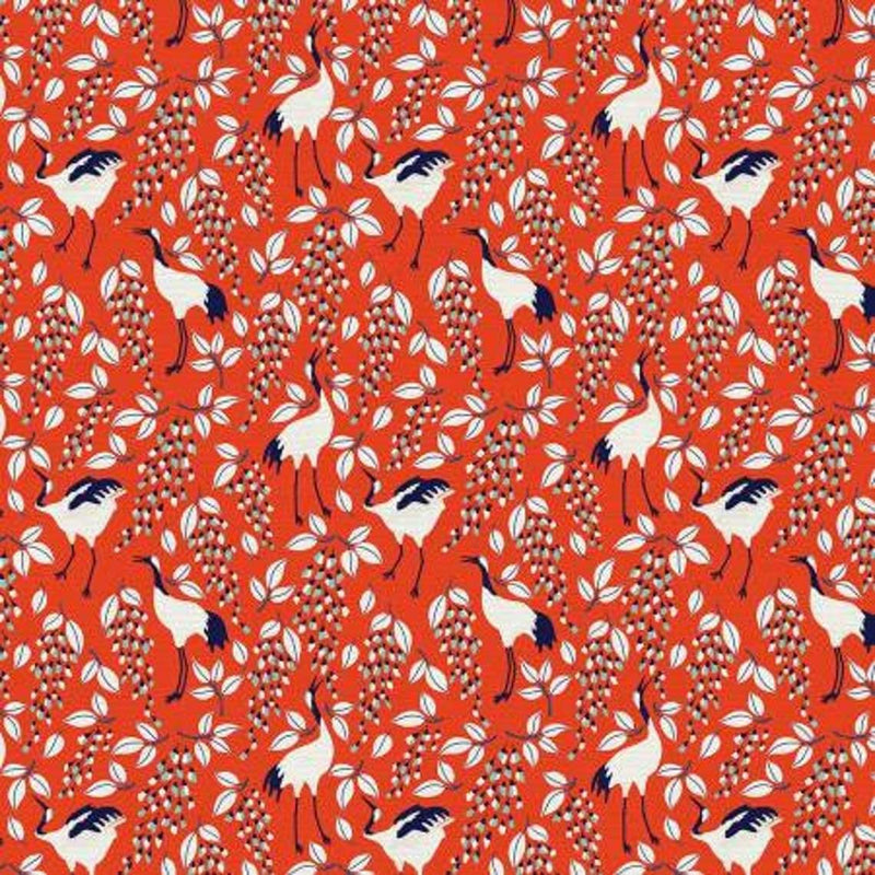 Dancing Cranes Fabric on Red Background Japanese Garden