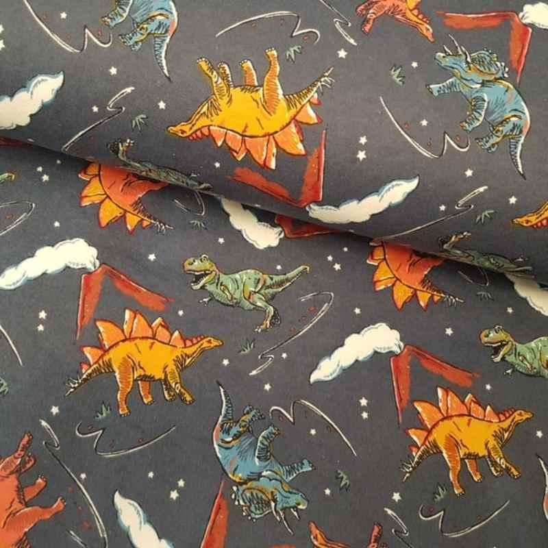 Dinosaur FLANNEL Toss Dinosaur Volcano Flannel Fabric on Grey