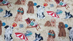 Dog Fabric, Dogs on Beach in Cream, Grey or Beige - Fabric Design Treasures