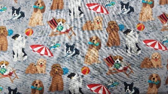 Dog Fabric, Dogs on Beach in Cream, Grey or Beige - Fabric Design Treasures