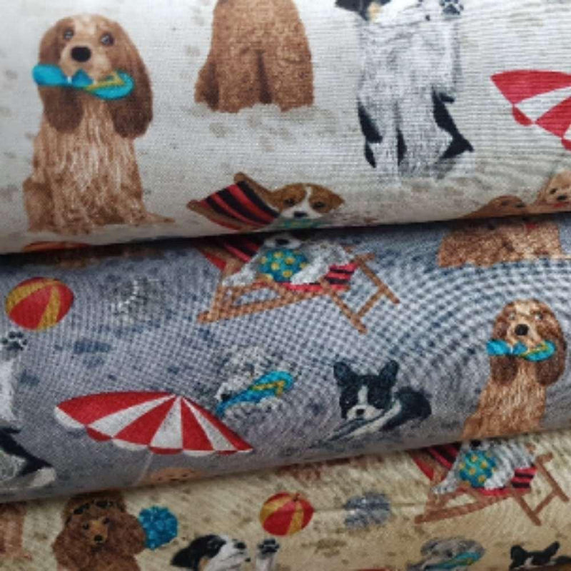 Dog Fabric, Dogs on Beach in Cream, Grey or Beige