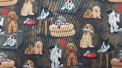 Dog Fabric Playful Dogs on Grey, Red or Blue Background