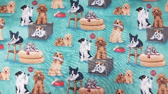 Dog Fabric Playful Dogs on Grey, Red or Blue Background