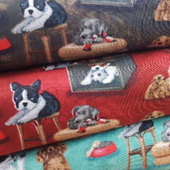 Dog Fabric Playful Dogs on Grey, Red or Blue Background