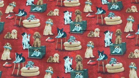 Dog Fabric Playful Dogs on Grey, Red or Blue Background