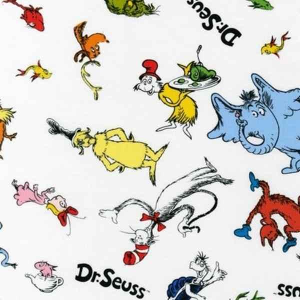 Dr Seuss Fabric Tossed Characters on White Celebrate Seuss