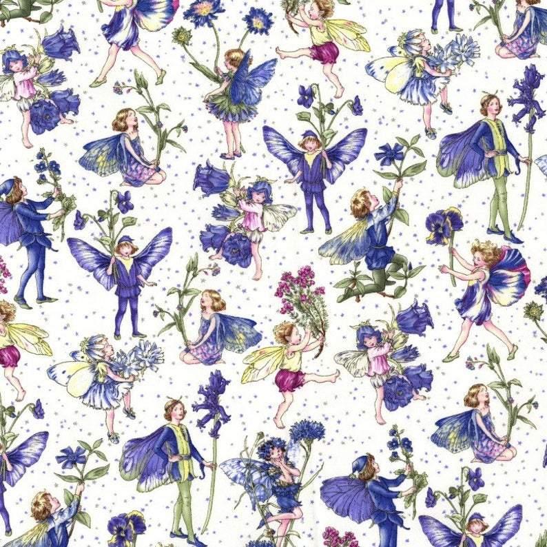 Fairy Fabric Periwinkle Fairies on Metallic White Fabric Design Treasures