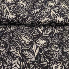 Fields in Bloom, Floral in Ivory and Black Linen/Cotton Blend