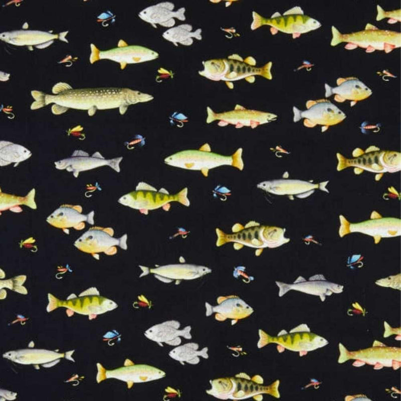 Fish Fabric, Game Fish and Colorful Bait on Black