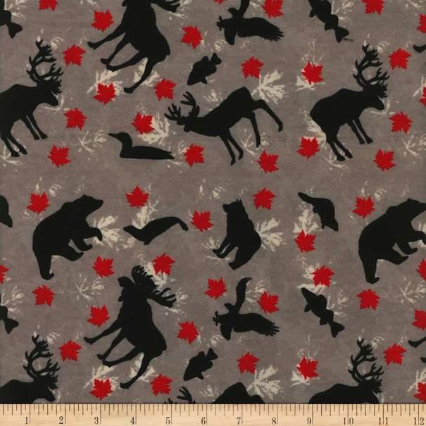 FLANNEL Fabric, Black Canadian Animals on Grey Flannel