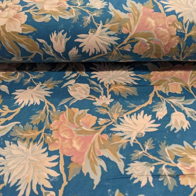 Floral FLANNEL, White Floral on Teal Flannel Fabric