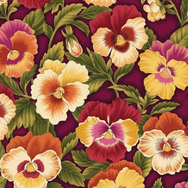 Flower Festival Burgundy Flame Pansies Fabric