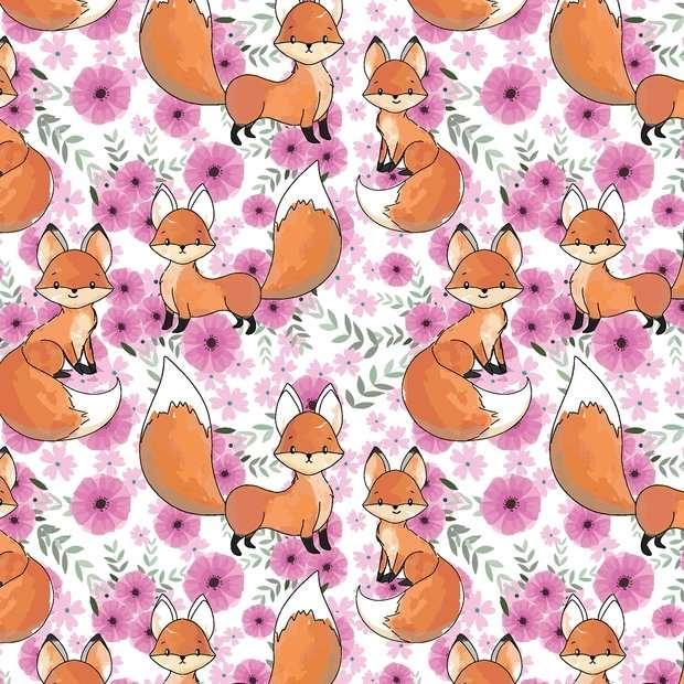 Foxy on the Move on Pink Floral Digital Jersey Knit - Fabric Design Treasures