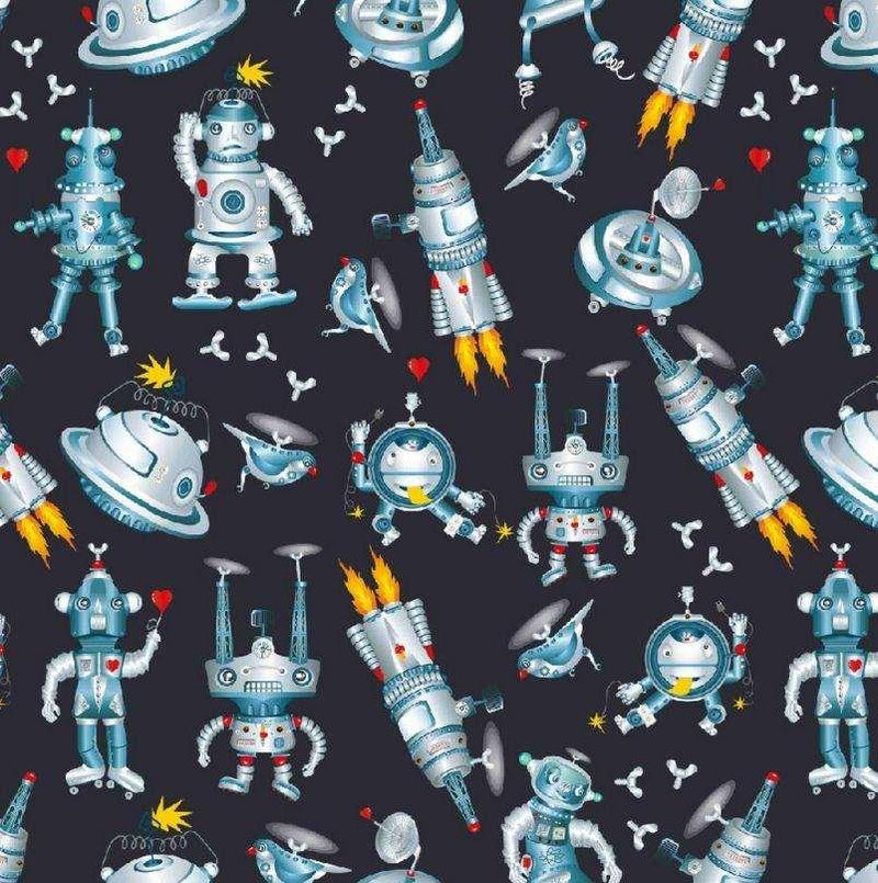 French Terry Astronauts, Spaceships UFOs on Black, GOTs - Fabric Design Treasures