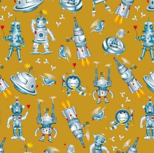 French Terry Fabric Astronauts, Spaceships on Mustard, GOTs - Fabric Design Treasures