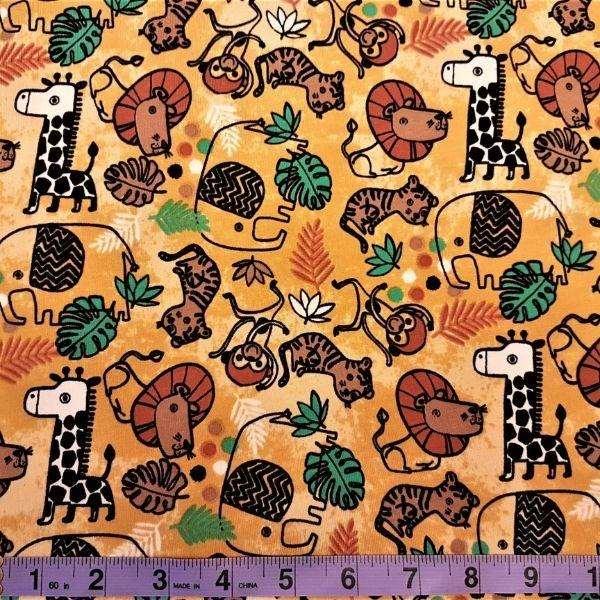 French Terry Fabric Safari Animals on Golden Yellow