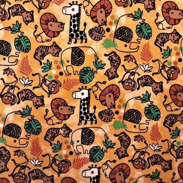 French Terry Fabric Safari Animals on Golden Yellow