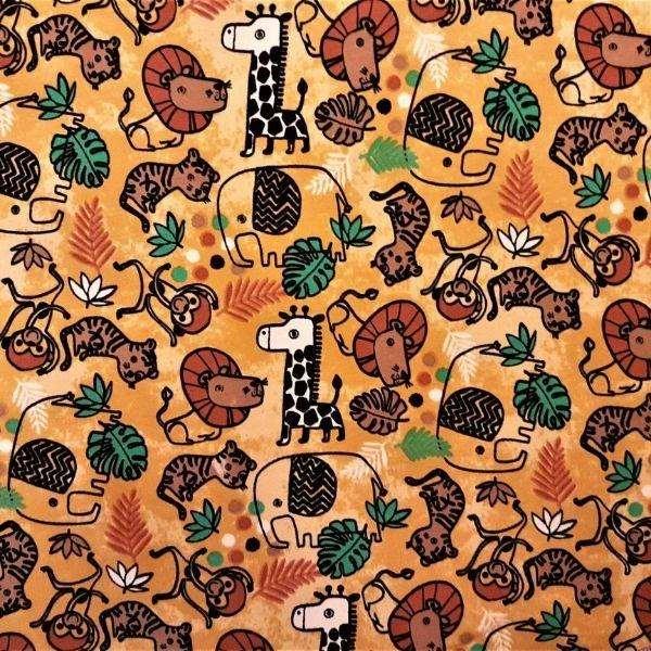 French Terry Fabric Safari Animals on Golden Yellow - Fabric Design Treasures
