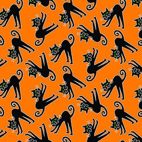 Glow In the Dark Fabric Tossed Cats on Orange - Fabric Design Treasures