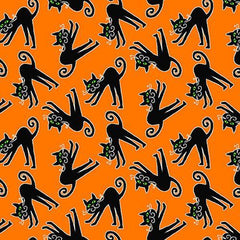 Glow In the Dark Fabric Tossed Cats on Orange - Fabric Design Treasures