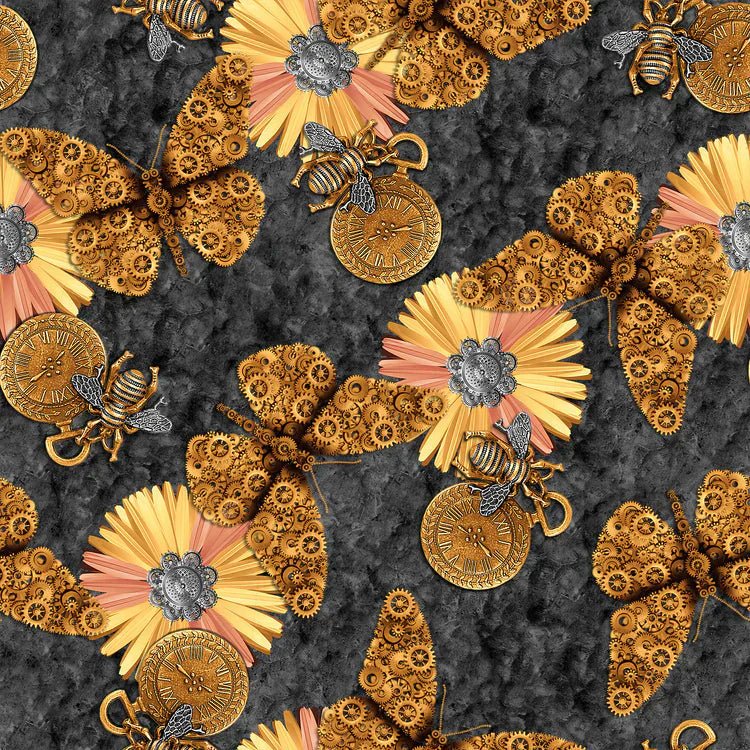 Gold Coloured Butterflies - Black - Alternative Age Fabric