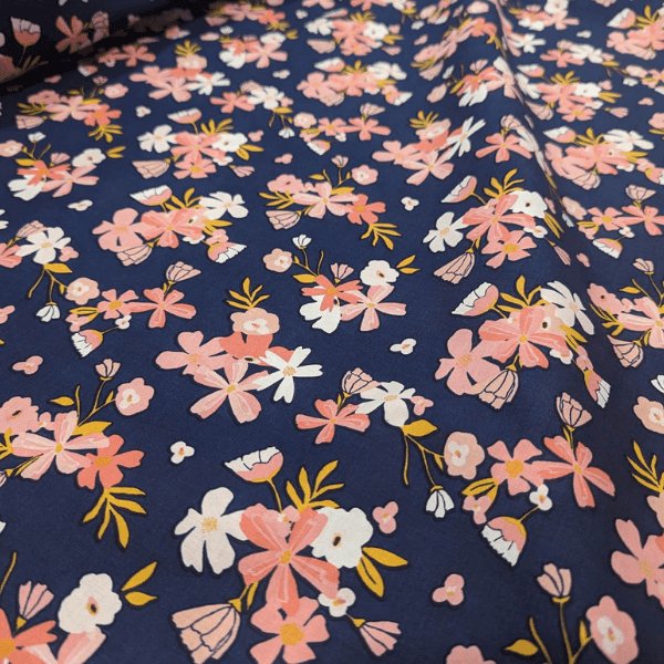 Golden Aster, Floral Fabric, Navy Fabric