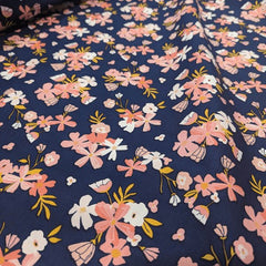 Golden Aster, Floral Fabric, Navy Fabric