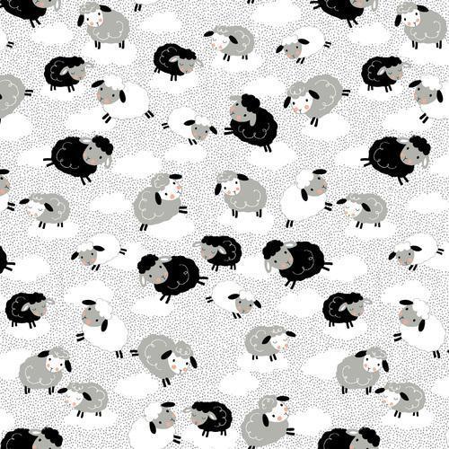 Gray, Black and White sheep on White FLANNEL - Fabric Design Treasures