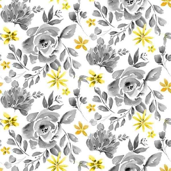 Gray Yellow Floral quilting Cotton Fabric Misty Morning