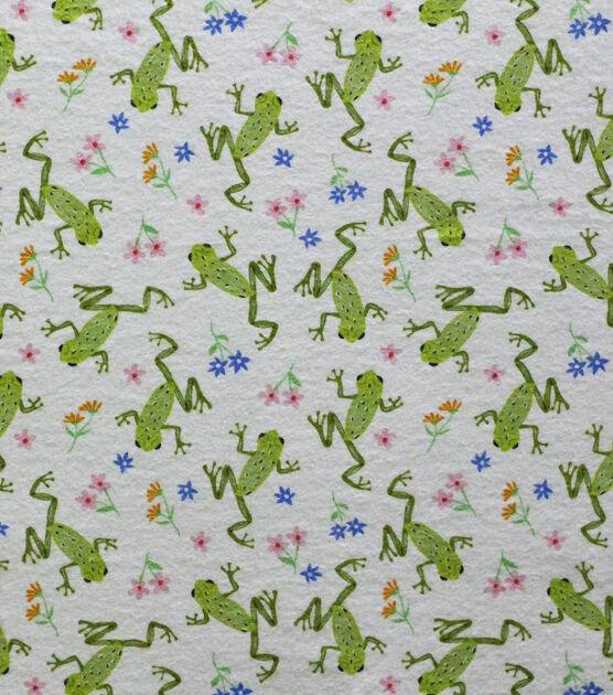 Green Frog FLANNEL on White flannel fabric