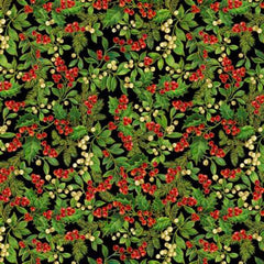Green Holly Leaves and Berries on Black, Gold Metallic | Fabric Design Treasures