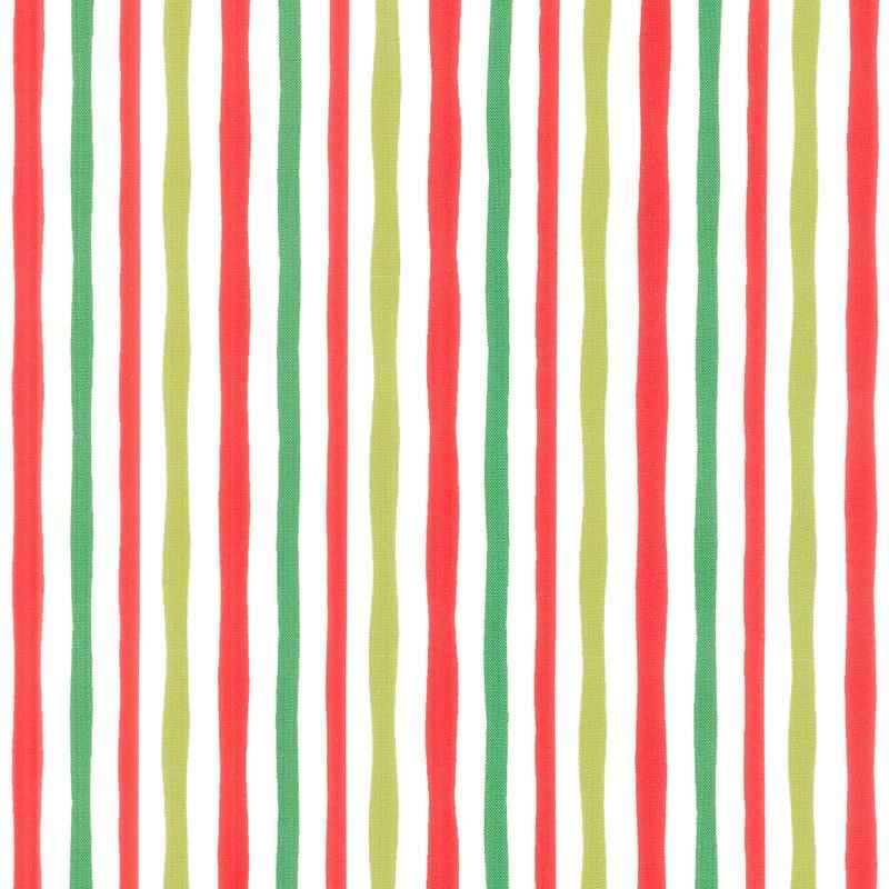 Wavy red, green, and lime stripes on white fabric from Robert Kaufman’s How the Grinch Stole Christmas collection.