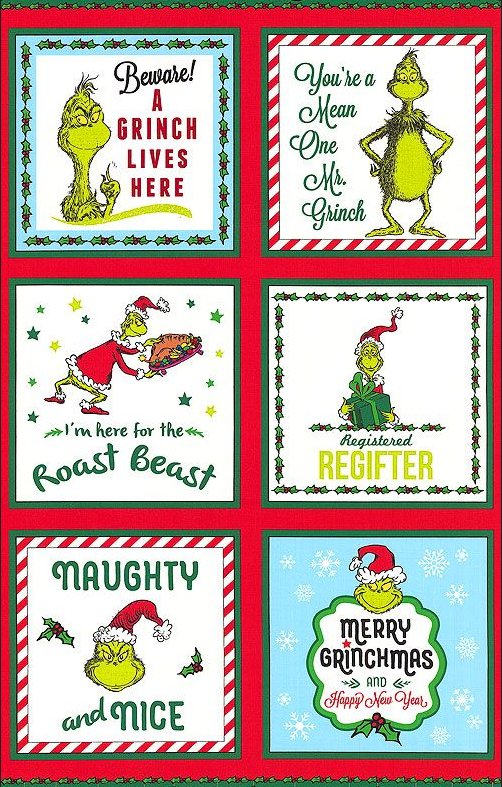 Grinch Panel and Grinch Fabric, How the Grinch Stole Christmas | Fabric Design Treasures