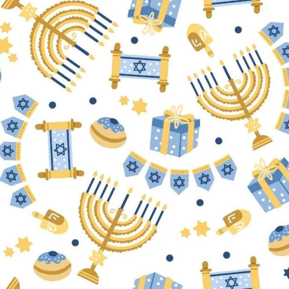 Hanukkah Menorah Cotton Fabric on White