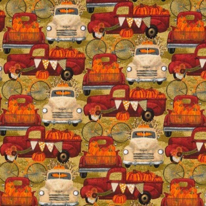 Harvest Campers Pumpkin Fabric Haul on Tan - Fabric Design Treasures