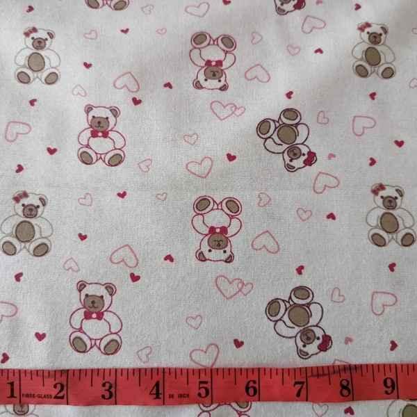 Heart and Teddy Bear FLANNEL on Cream Flannel