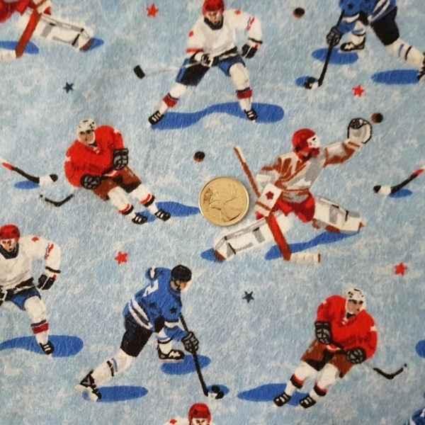 Hockey FLANNEL, Hockey Players, Light Blue Hockey fabric - Fabric Design Treasures