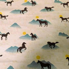 Horse FLANNEL fabric, Black Stallion with Mountain and Sun