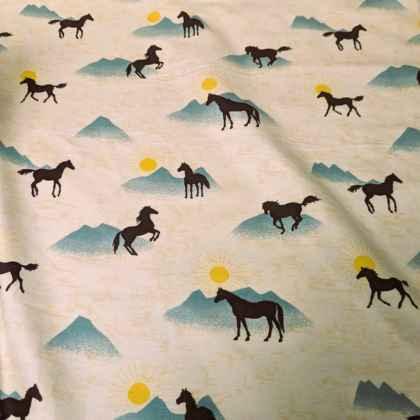 Horse FLANNEL fabric, Black Stallion with Mountain and Sun
