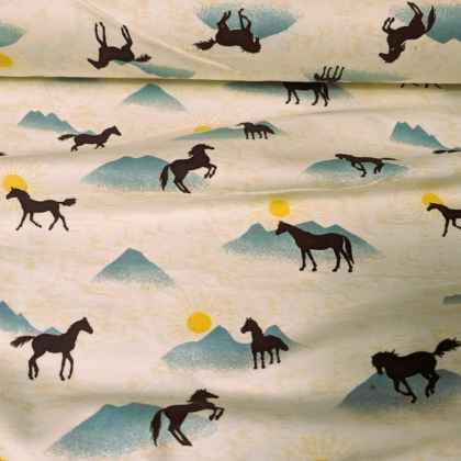 Horse FLANNEL fabric, Black Stallion with Mountain and Sun